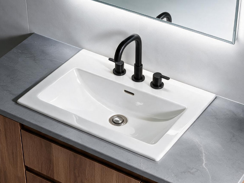 TAITAO LV10115H High-Gloss White Ceramic Inset Vanity Basin 3-Hole Mount Bathroom Sink