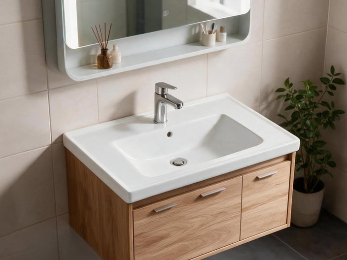 TAITAO LV11531 High-Gloss White Ceramic Vanity-Top Mid-Edge Cabinet Washbasin Single-Hole Mount Bathroom Sink