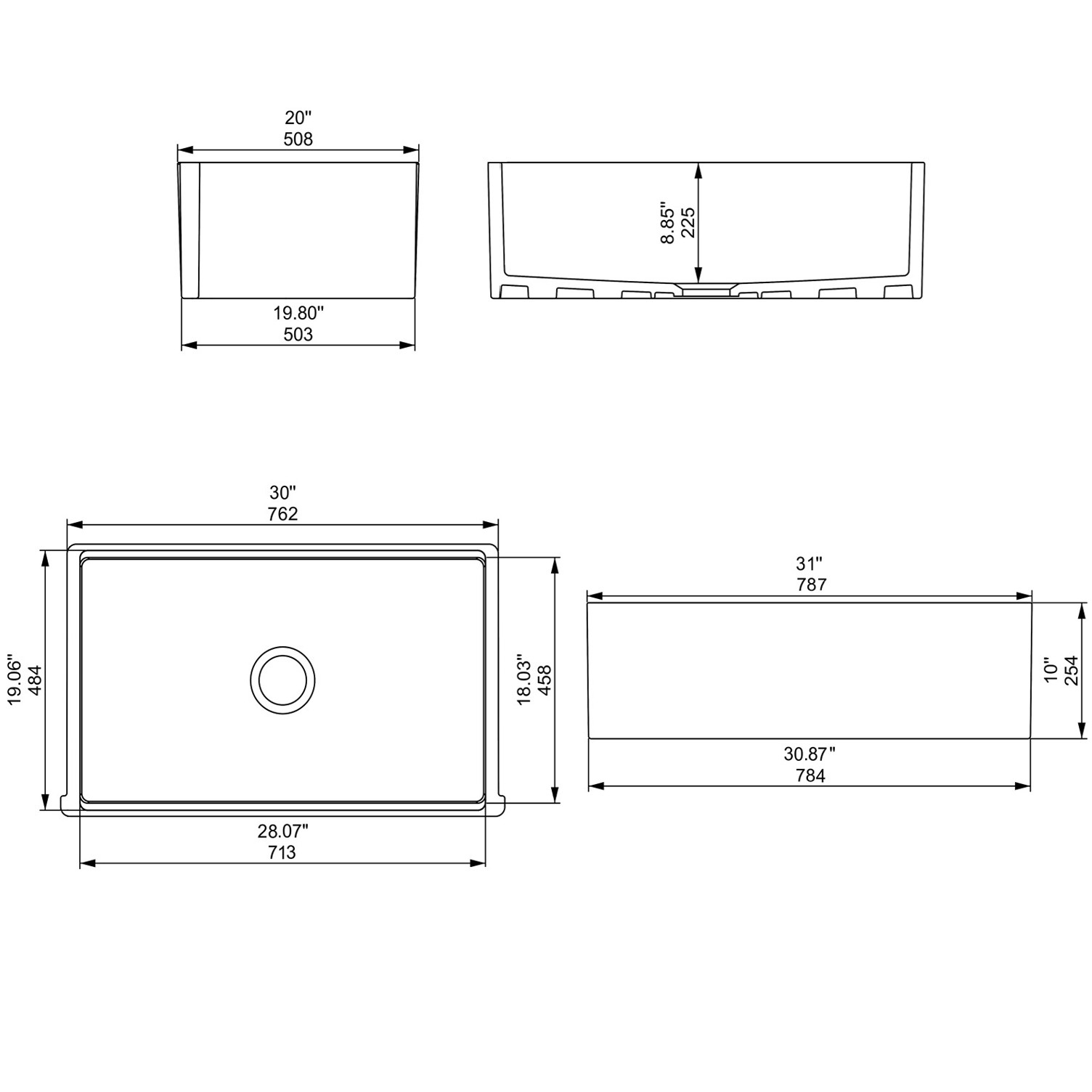 TAITAO S2025T-Series 30-inch fireclay farmhouse sink with self-trimming apron - 30/33 inch single bowl CAD technical drawing