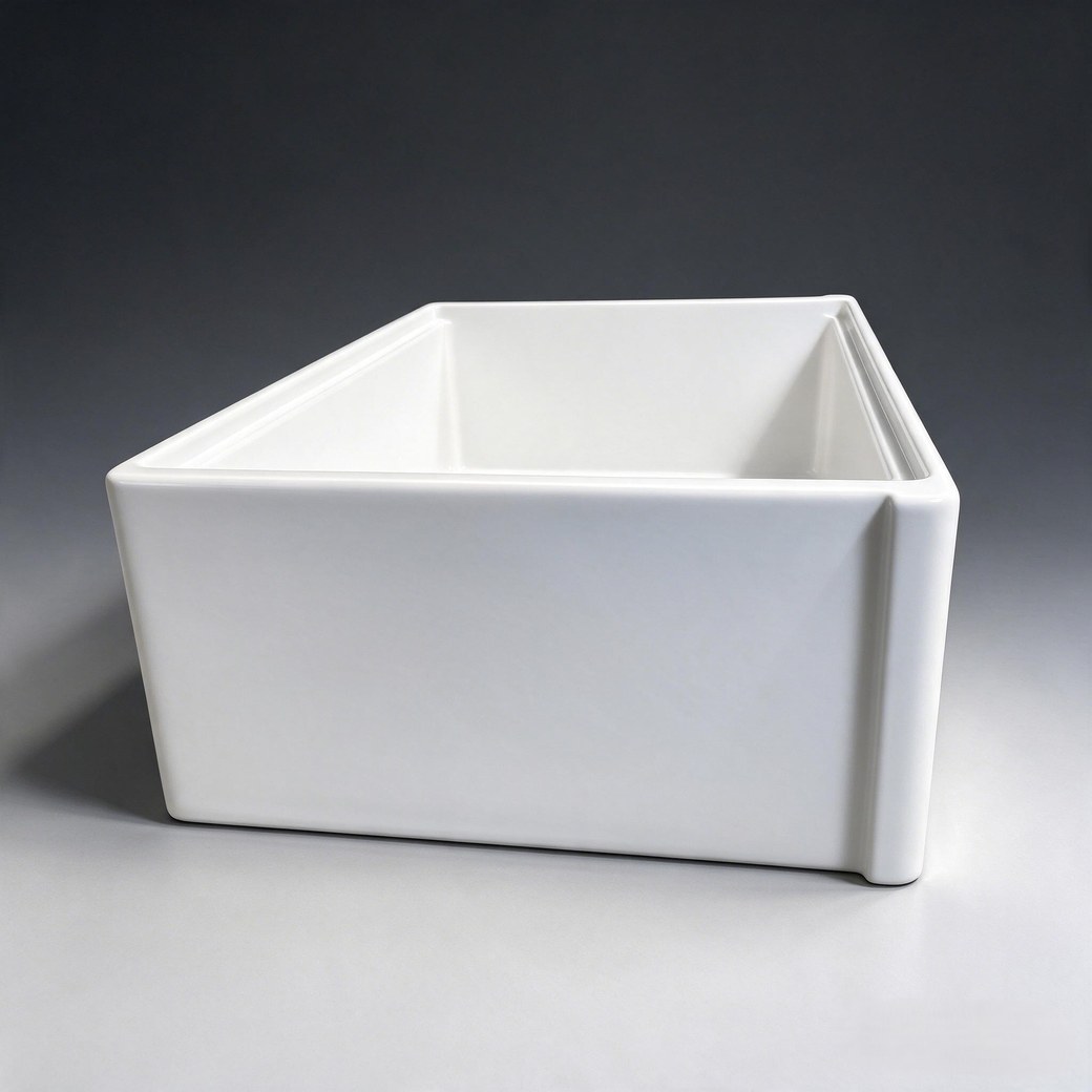 TAITAO S2025T-Series self-trimming fireclay farmhouse sink - 30/33 inch single bowl angled side view