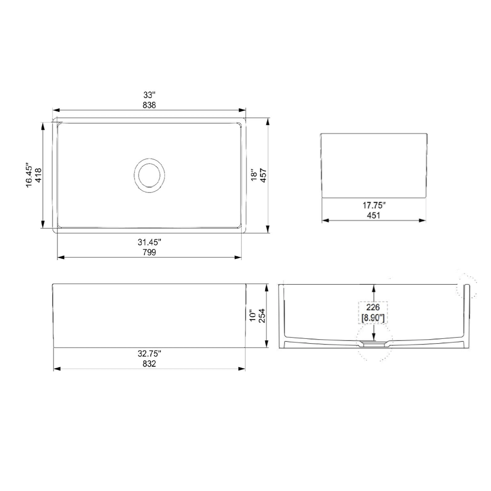TAITAO S331820 fireclay farmhouse or undermount sink - 33 inch single bowl CAD technical drawing