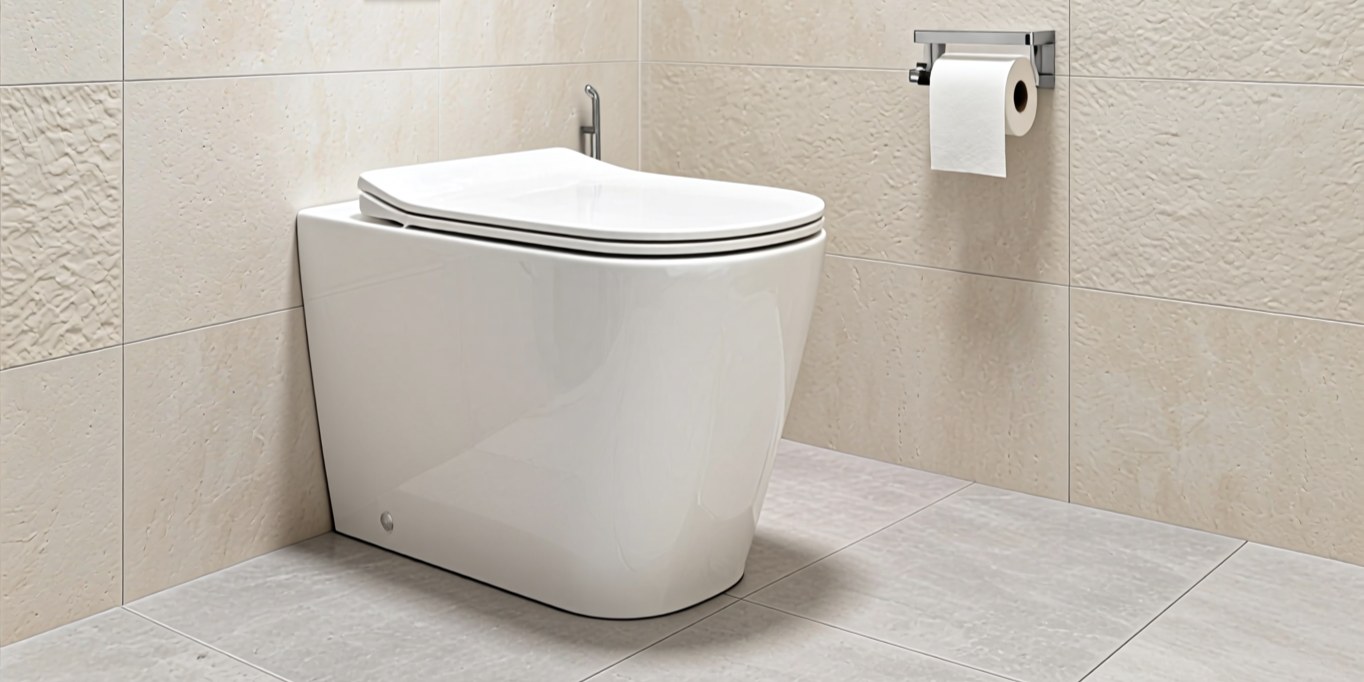 White rimless back to wall toilet pan with a soft-close seat installed against beige tiled walls, toilet roll holder visible, photographed in a bright tiled bathroom