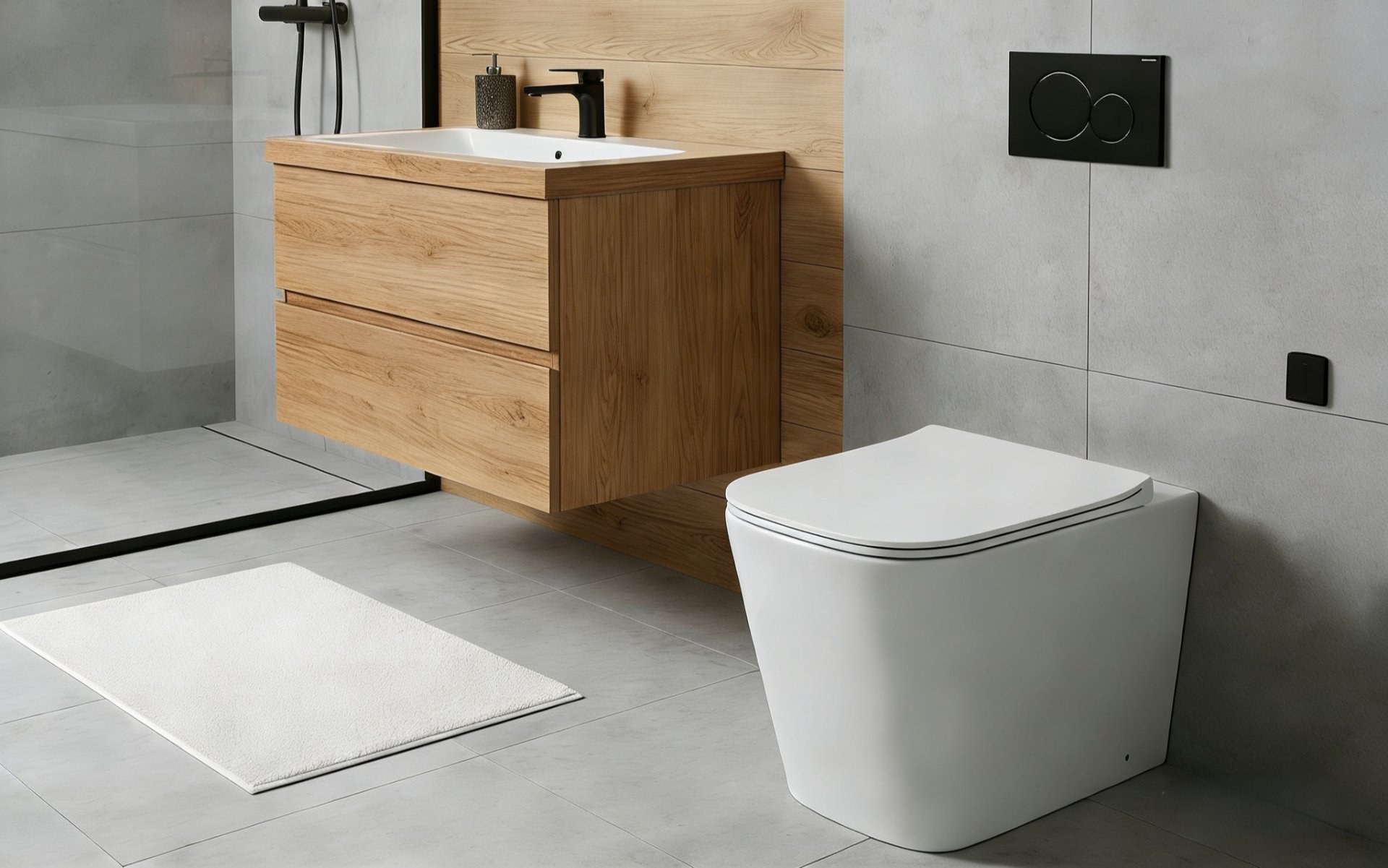 White back to wall rimless toilet pan installed in a grey tiled bathroom beside a wooden vanity unit, the black flush plate of the concealed cistern visible on the wall above
