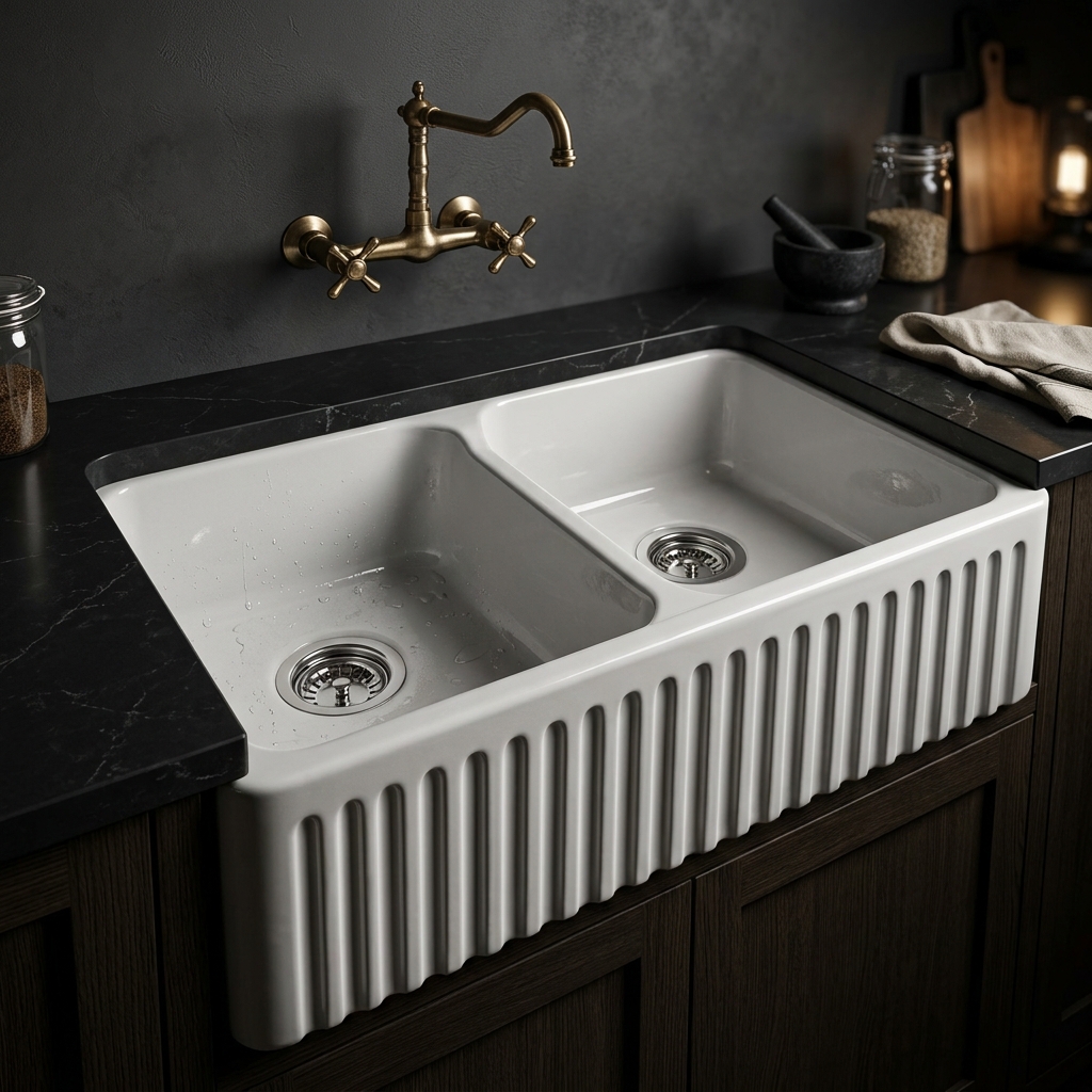 White fine fireclay farmhouse sink photographed in the factory studio, showing the apron front and the interior bowl