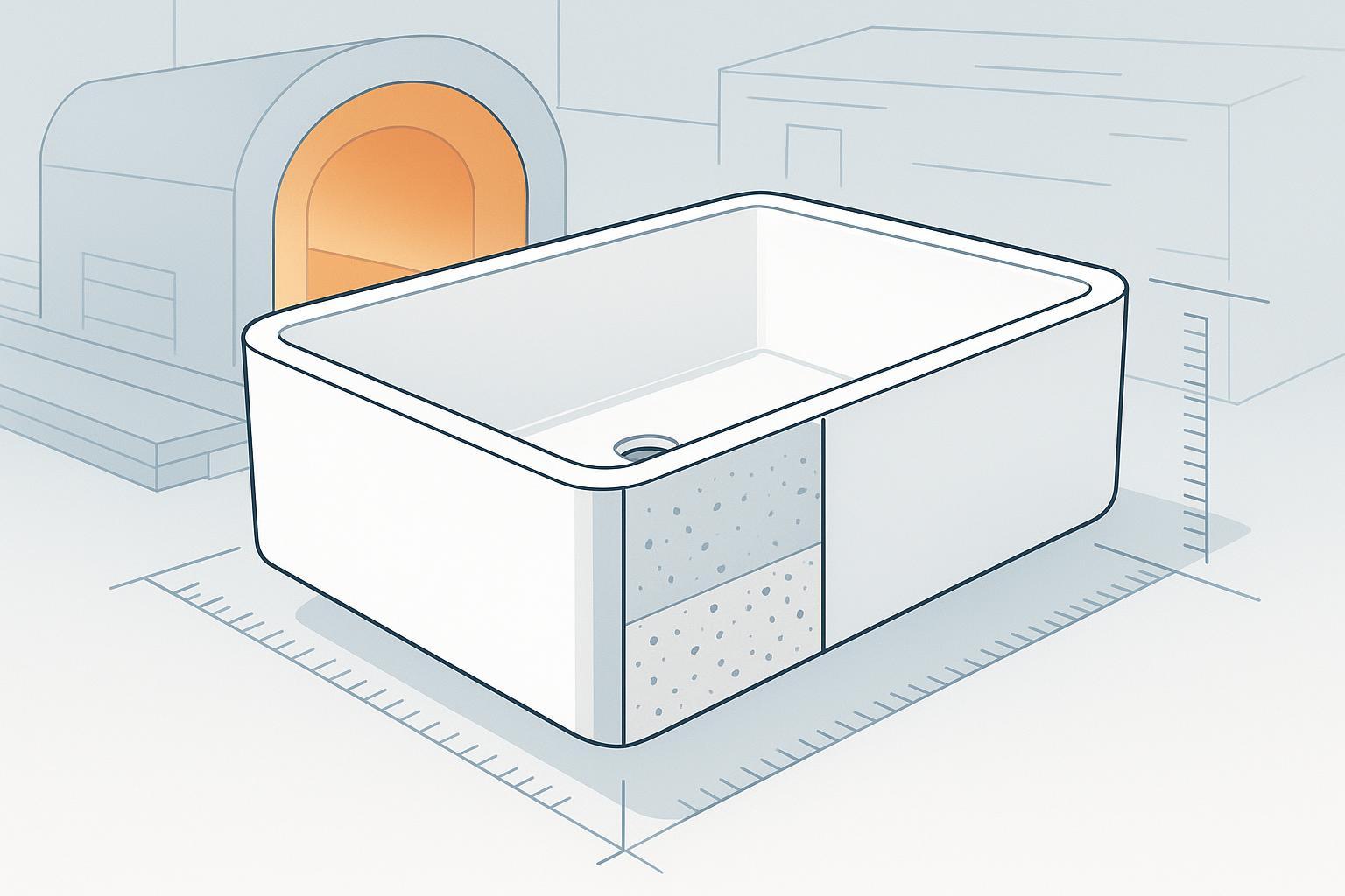 Cross-section drawing of a fireclay farmhouse sink body showing the fired clay section and the glaze fused to it