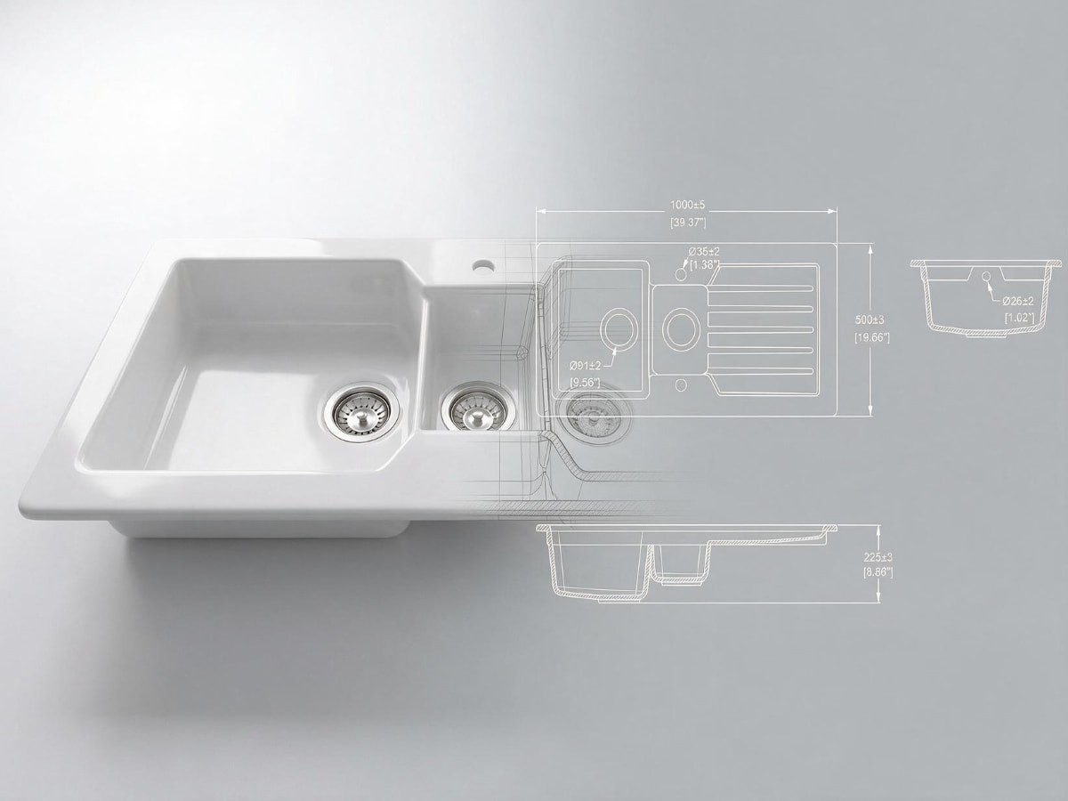 A row of ceramic kitchen sinks in different bowl layouts and apron profiles, showing the range a distributor can cover from one factory