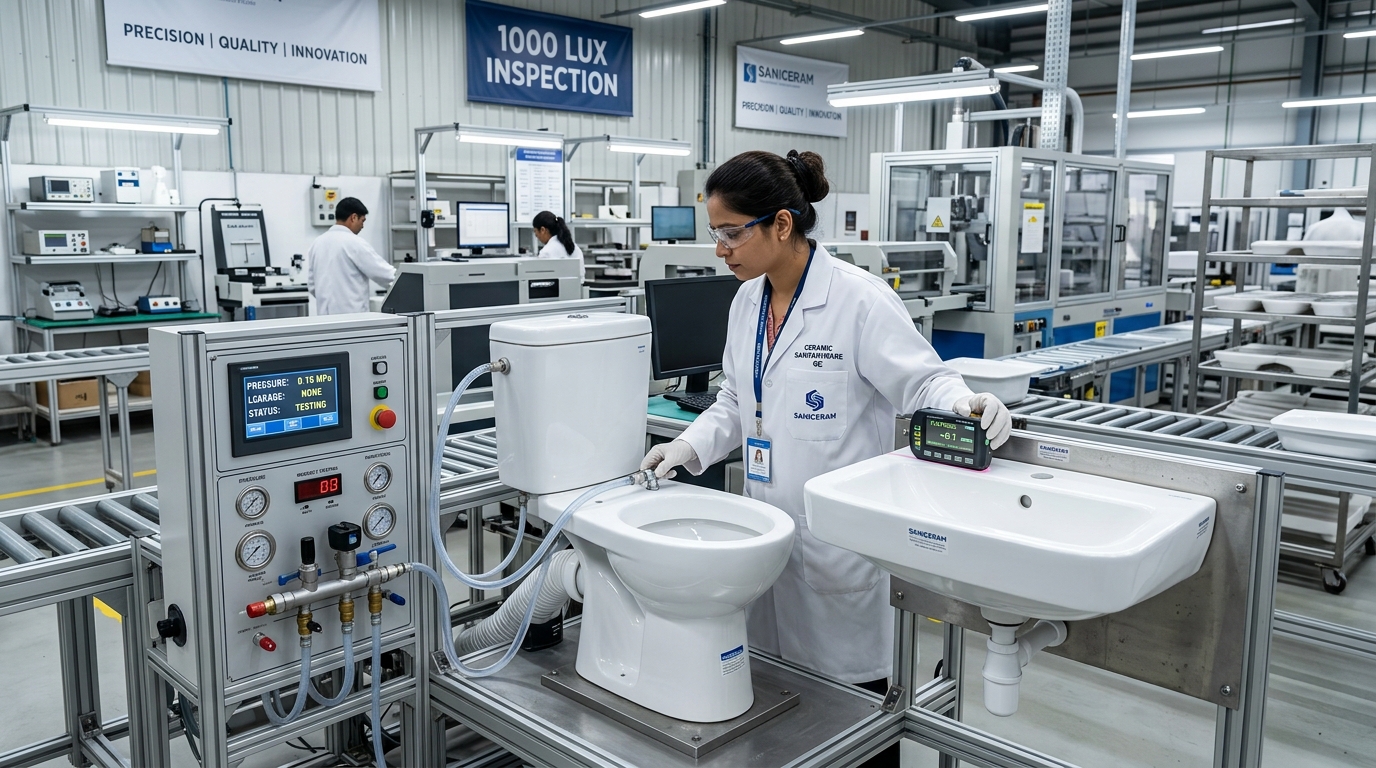 Inspection bench in the TAITAO quality control laboratory with fired ceramic pieces and measuring instruments