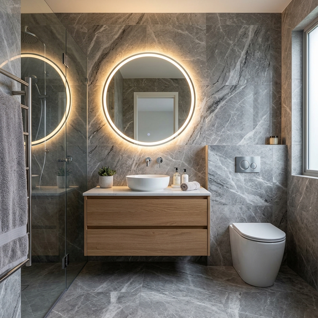 Rimless wall-hung toilet installed in a tiled bathroom, showing the concealed carrier arrangement behind the finished wall