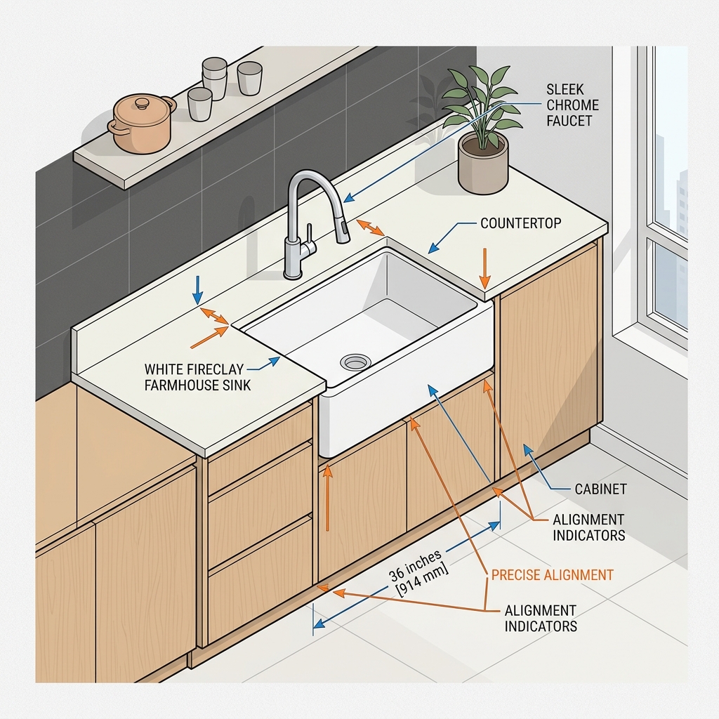 Fireclay farmhouse sink set into a base cabinet, showing how the apron front carries on the cabinet carcass rather than on the worktop